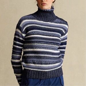 Polo Ralph Lauren Large Blue White Stripe Button Placket Turtleneck Sweater $398